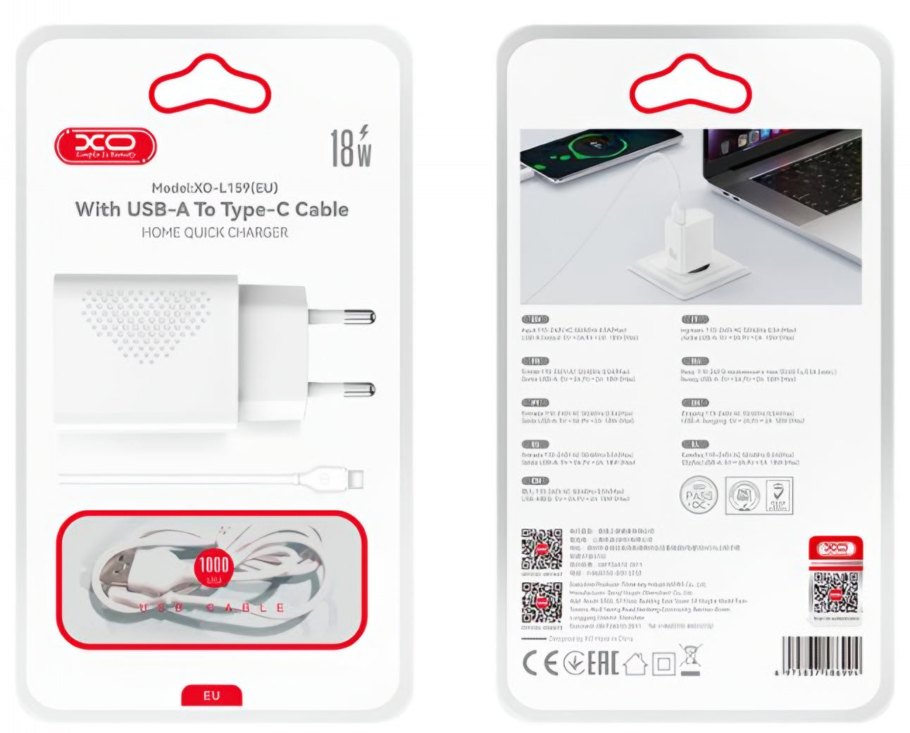 Punjač za mrežu sa USB-C kablom XO Design L159, 18W, 3A, 1 x USB-A, Bela