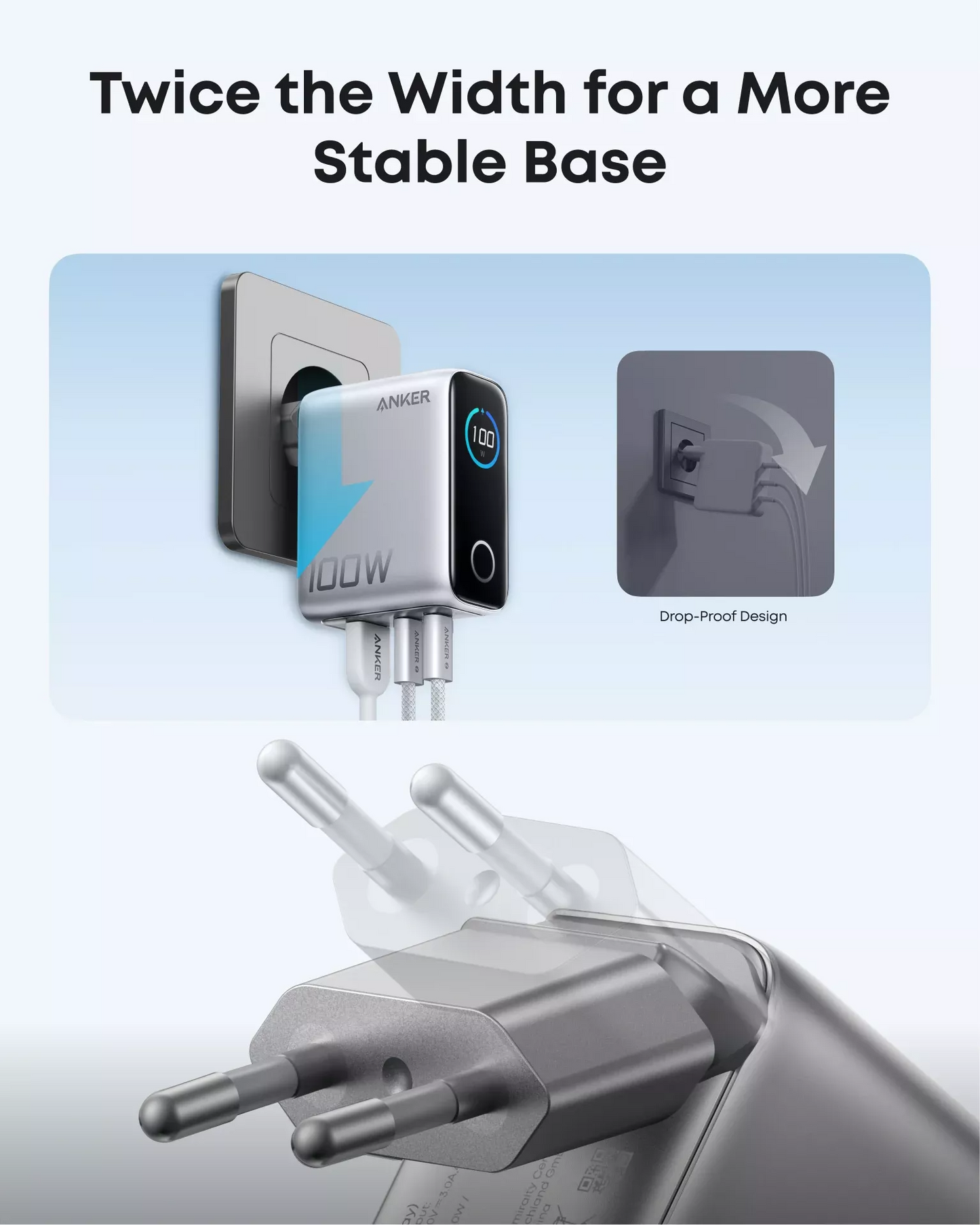 Punjač mreže sa USB-C kablom Anker Smart Display, 100W, 5A, 1 x USB-A - 2 x USB-C, Srebrni B121BG41