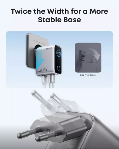 Punjač mreže sa USB-C kablom Anker Smart Display, 100W, 5A, 1 x USB-A - 2 x USB-C, Srebrni B121BG41