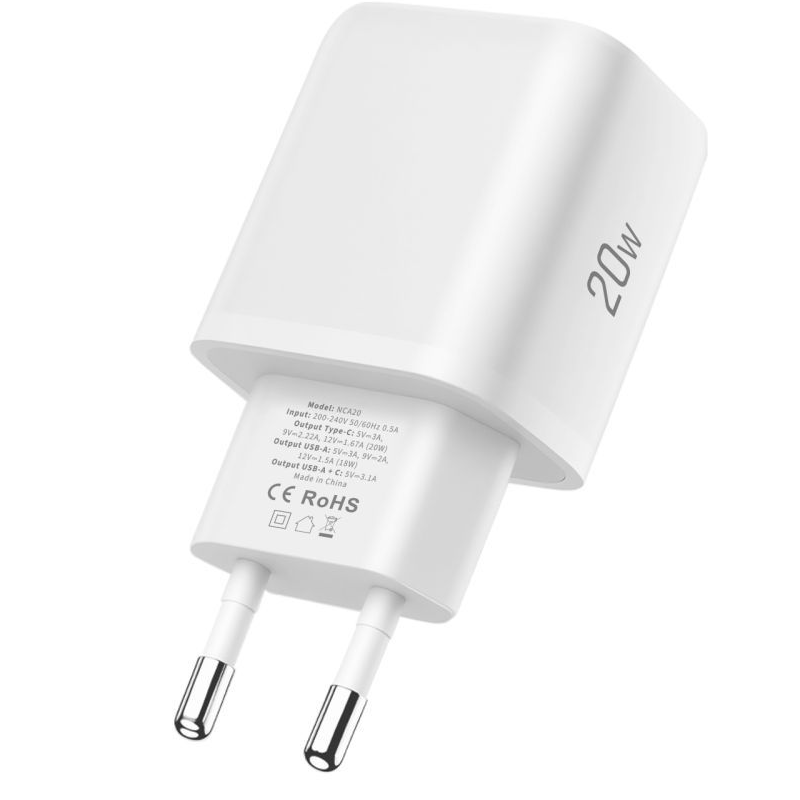 Punjač za mrežu sa USB-C kablom Tech-Protect NCA20, 20W, 3A, 1 x USB-A - 1 x USB-C, Bela