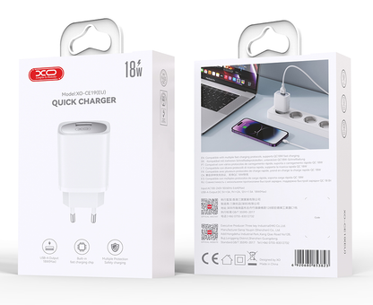 Punjač za mrežu sa USB-C kablom XO Design CE19, 18W, 3A, 1 x USB-A, Bela