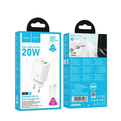 Punjač za mrežu sa Lightning kablom HOCO N61, 20W, 3A, 1 x USB-A - 1 x USB-C, Beli