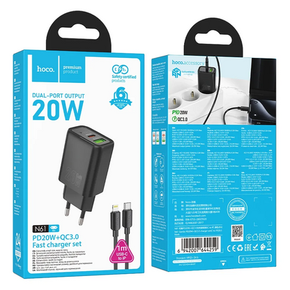 Punjač za mrežu sa Lightning kablom HOCO N61, 20W, 3A, 1 x USB-A - 1 x USB-C, Crni