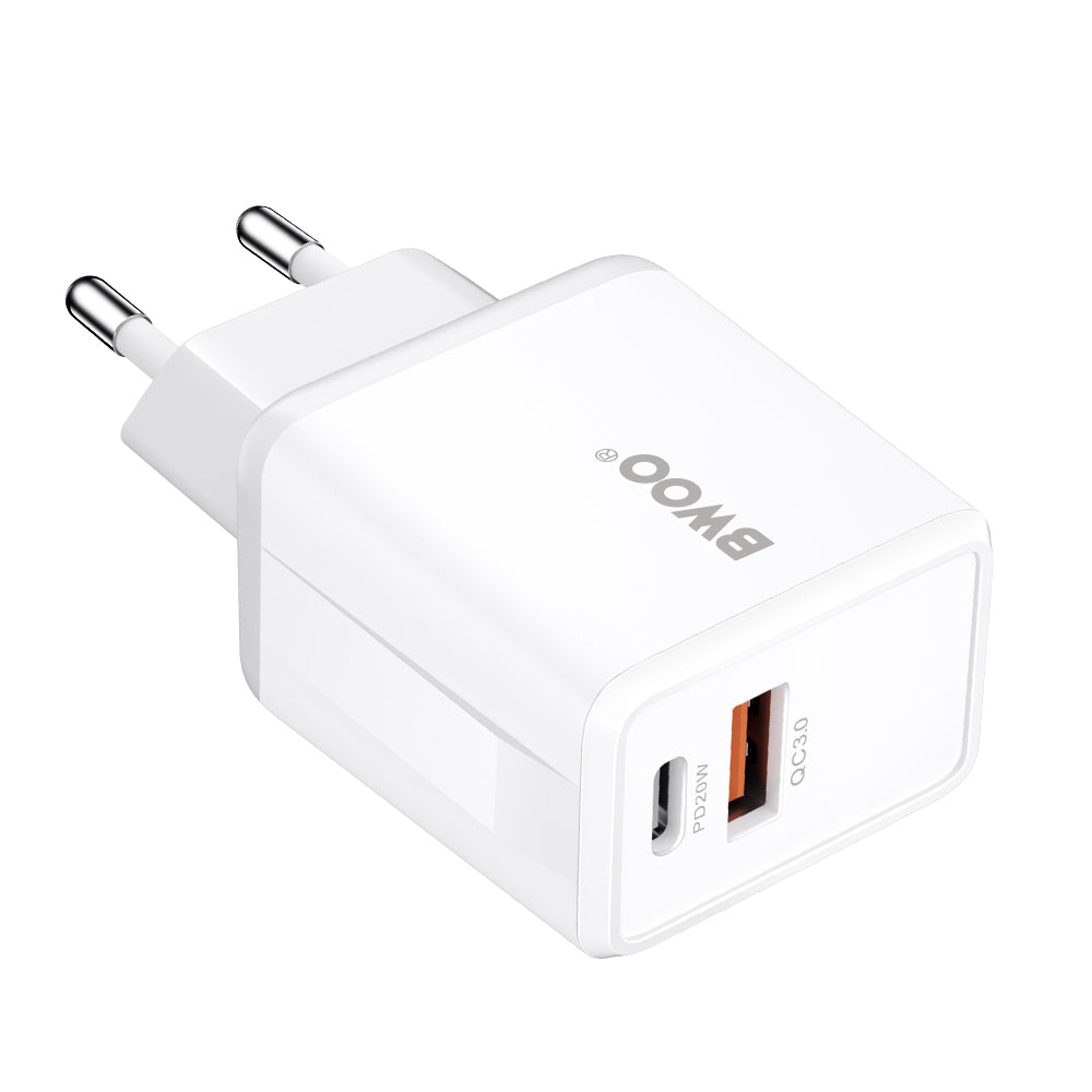 Punjač za mrežu sa Lightning kablom BWOO CDA182, 38W, 3A, 1 x USB-A - 1 x USB-C, Bela