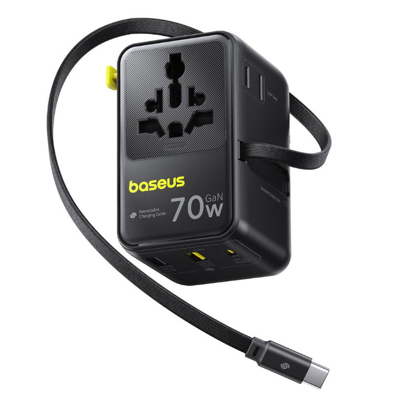 Mrežni punjač sa USB-C kablom Baseus Travel EnerCore CG11, 70W, 2 x utičnica - 1 x USB-C - 2 x USB-A, Crna E0307E00