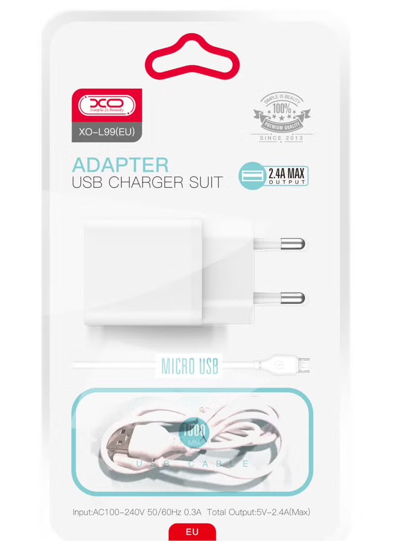 Punjač za mrežu sa microUSB kablom XO Design L99, 12W, 2.4A, 1 x USB-A, Beli