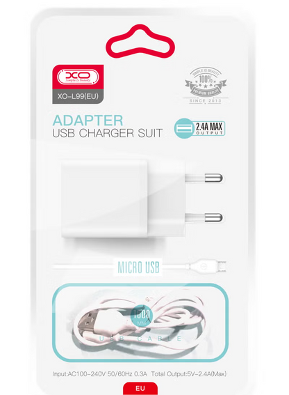 Punjač za mrežu sa microUSB kablom XO Design L99, 12W, 2.4A, 1 x USB-A, Beli