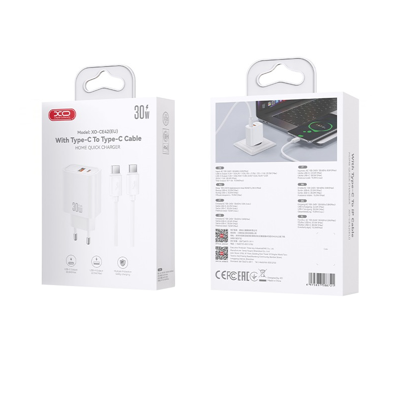 Punjač za mrežu sa USB-C kablom XO Design CE42, 30W, 3A, 1 x USB-A - 1 x USB-C, Bela