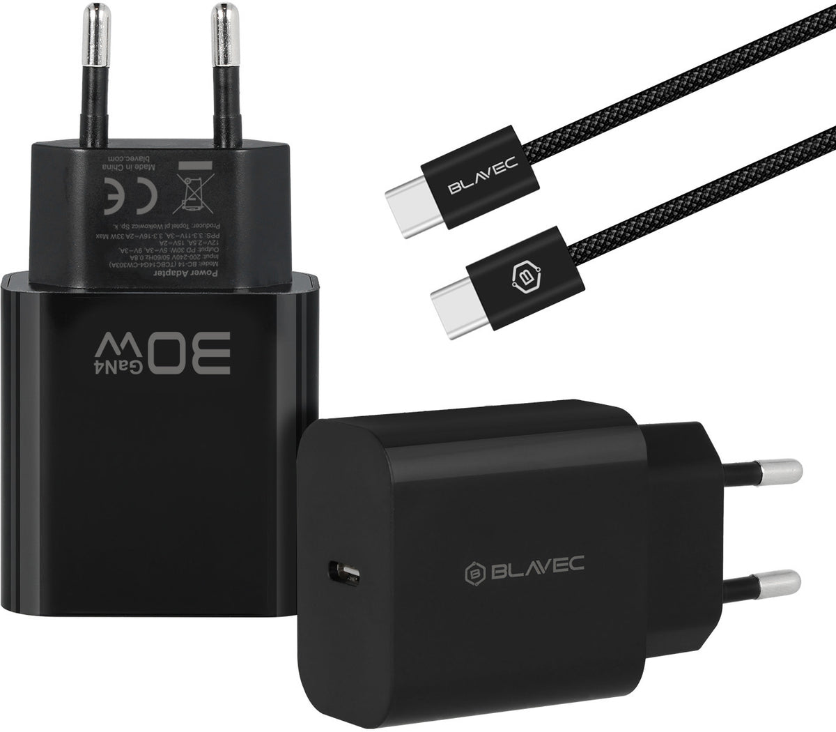 Mrežni punjač sa USB-C kablom Blavec BC-14, 30 W, 3 A, 1 x USB-C, crni
