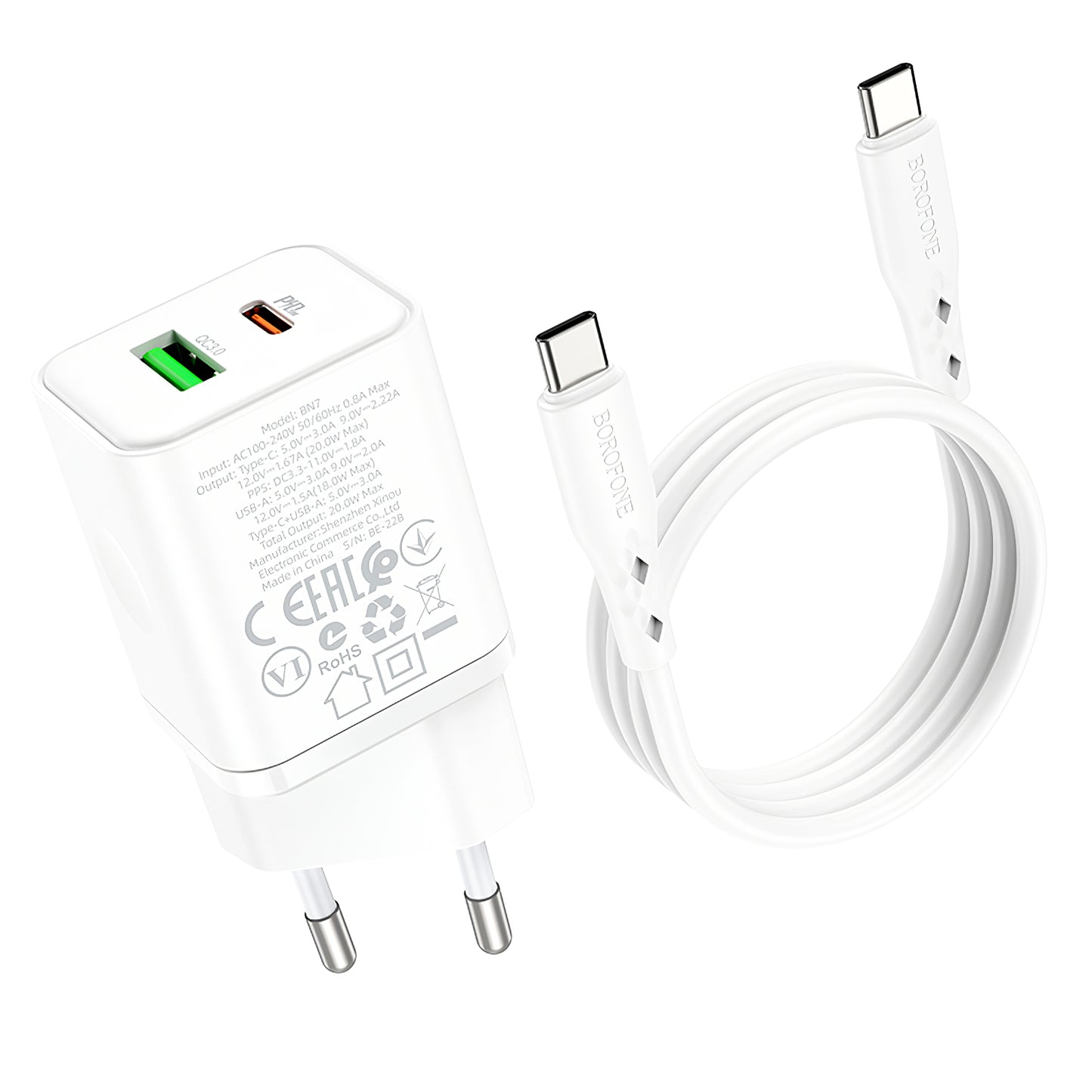 Punjač za mrežu sa USB-C kablom Borofone BN7, 20W, 3A, 1 x USB-A - 1 x USB-C, Beli