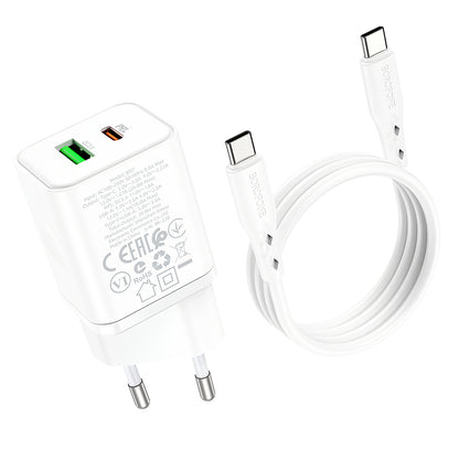 Punjač za mrežu sa USB-C kablom Borofone BN7, 20W, 3A, 1 x USB-A - 1 x USB-C, Beli
