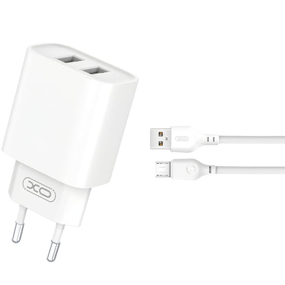Punjač za mrežu sa microUSB kablom XO Design CE02C, 10.5W, 2.1A, 2 x USB-A, Beli