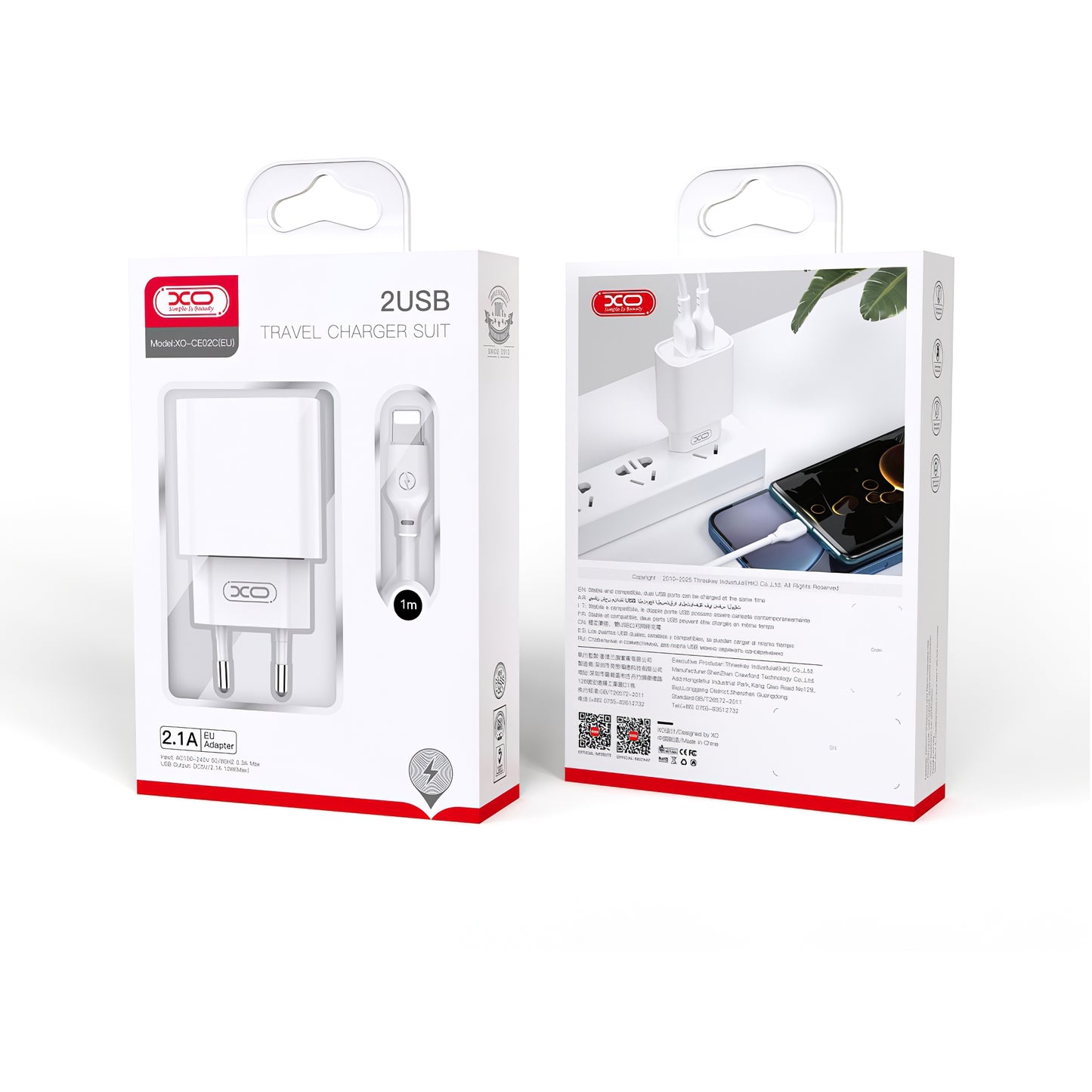 Mrežni punjač s Lightning kabelom XO Design CE02C, 10.5W, 2.1A, 2 x USB-A, Bijeli