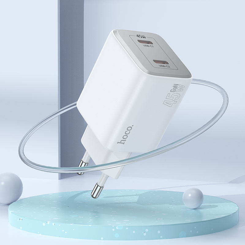 Punjač za mrežu sa Lightning kablom HOCO N42, 45W, 3A, 2 x USB-C, Beli