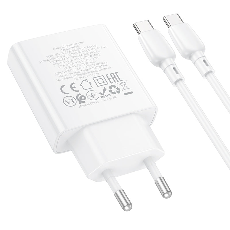 Punjač za mrežu sa USB-C kablom Borofone BN25 Wish, 30W, 3A, 1 x USB-A - 1 x USB-C, Beli