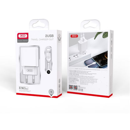 Punjač za mrežu sa USB-C kablom XO Design BPCE02C, 10.5W, 2.1A, 2 x USB-A, Beli
