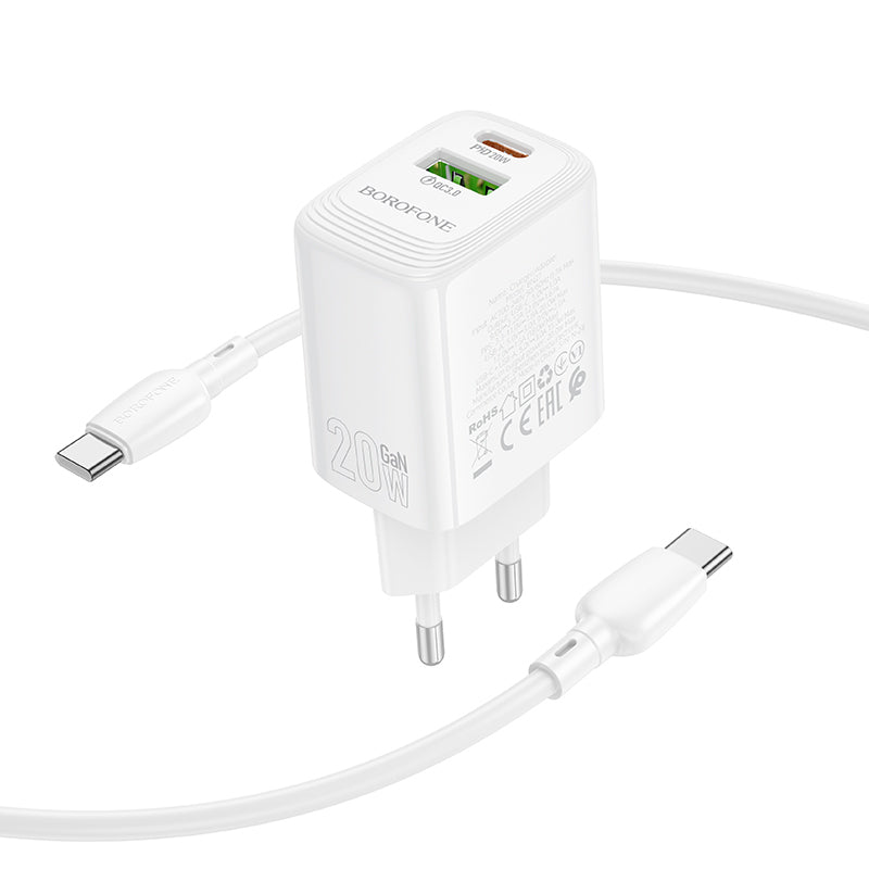 Punjač za mrežu sa USB-C kablom Borofone BN27 Fuente, 20W, 3A, 1 x USB-A - 1 x USB-C, Beli