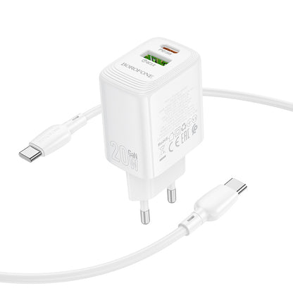 Punjač za mrežu sa USB-C kablom Borofone BN27 Fuente, 20W, 3A, 1 x USB-A - 1 x USB-C, Beli