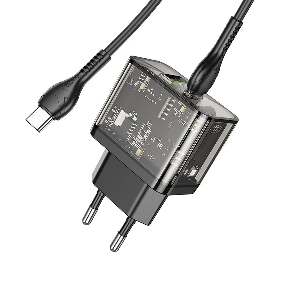 Punjač za mrežu sa USB-C kablom HOCO N34, 20W, 3A, 1 x USB-A - 1 x USB-C, Transparentan