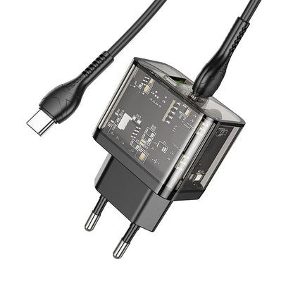 Punjač za mrežu sa USB-C kablom HOCO N34, 20W, 3A, 1 x USB-A - 1 x USB-C, Transparentan
