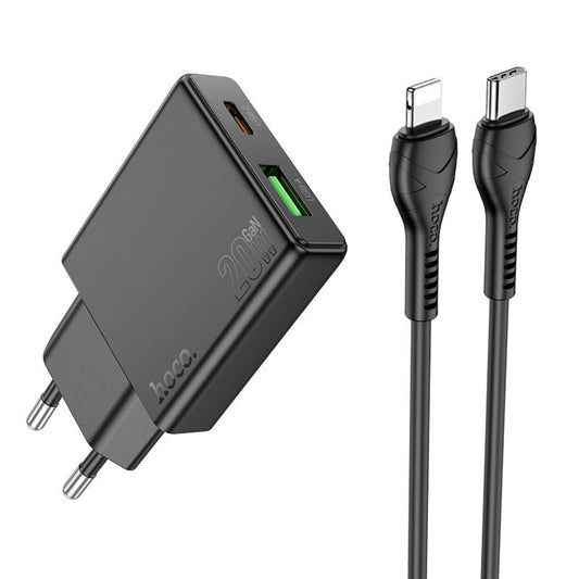 Punjač za mrežu sa Lightning kablom HOCO N38, 20W, 3A, 1 x USB-A - 1 x USB-C, Crni
