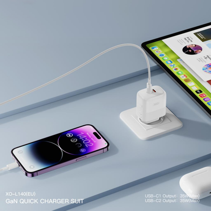 Punjač za mrežu sa Lightning kablom XO Design L140, 35W, 3A, 2 x USB-C, Beli