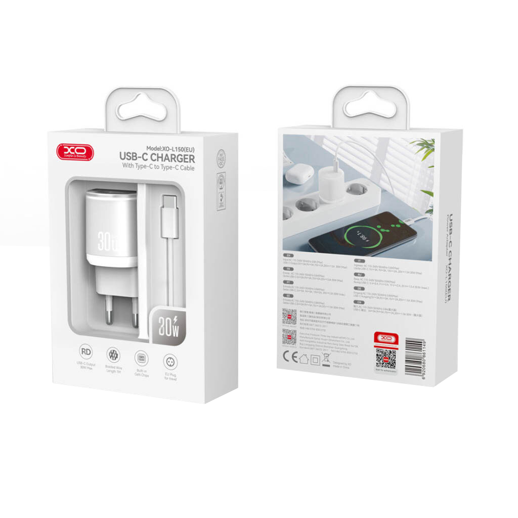 Punjač za mrežu sa USB-C kablom XO Design L150, 30W, 3A, 1 x USB-C, Bela