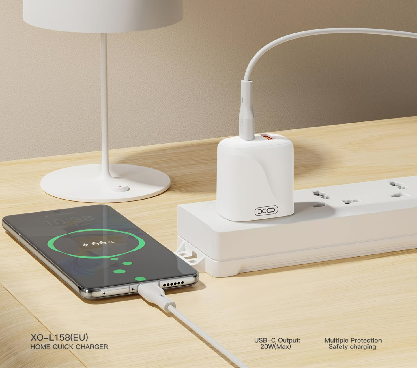 Punjač za mrežu sa USB-C kablom XO Design L158, 20W, 3A, 1 x USB-A - 1 x USB-C, Beli