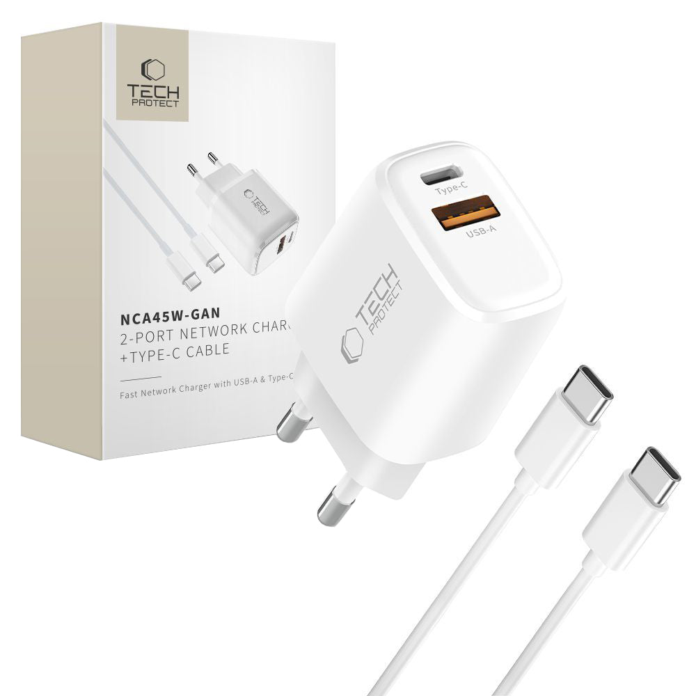Punjač mreže sa USB-C kablom Tech-Protect NCA45W, 45W, 3A, 1 x USB-A - 1 x USB-C, Beli