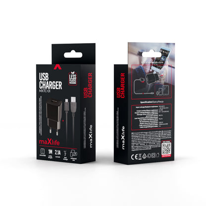 Punjač za mrežu sa microUSB kablom MaXlife MXTC-01, 10.5W, 2.1A, 1 x USB-A, Crni