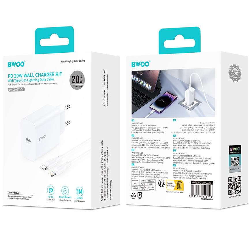 Punjač za mrežu sa Lightning kablom BWOO CDA233, 20W, 3A, 1 x USB-C, Beli
