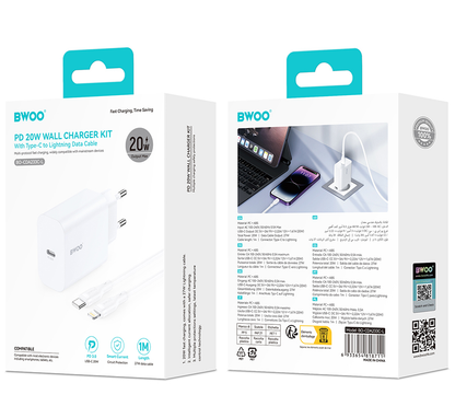 Punjač za mrežu sa Lightning kablom BWOO CDA233, 20W, 3A, 1 x USB-C, Beli