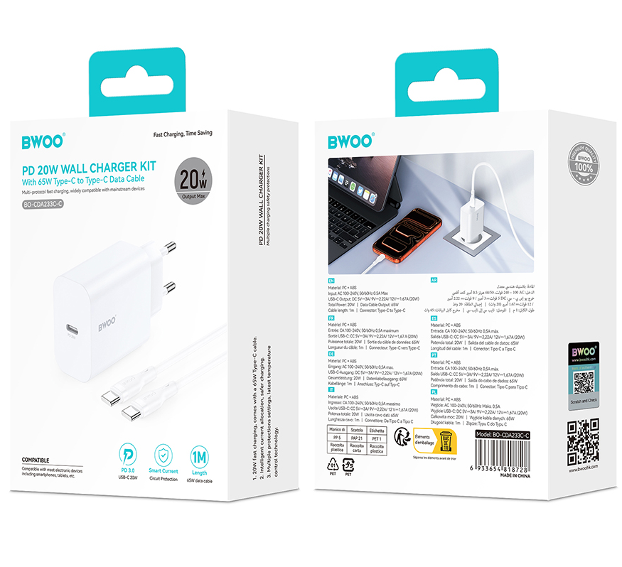 Punjač za mrežu sa USB-C kablom BWOO CDA233, 20W, 3A, 1 x USB-C, Beli