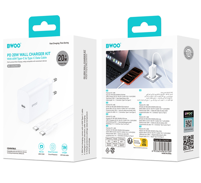 Punjač za mrežu sa USB-C kablom BWOO CDA233, 20W, 3A, 1 x USB-C, Beli