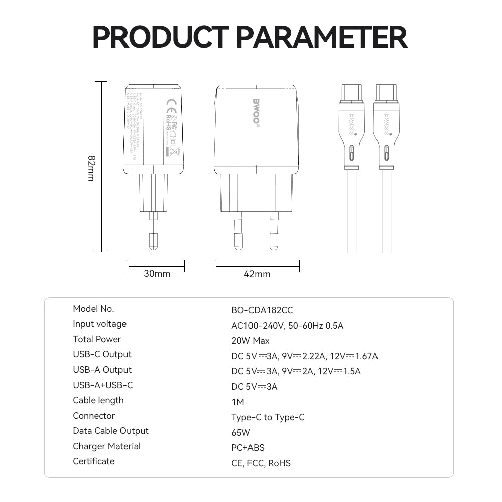 Punjač za mrežu sa USB-C kablom BWOO CDA182, 38W, 3A, 1 x USB-A - 1 x USB-C, Beli