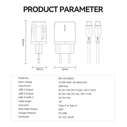 Punjač za mrežu sa USB-C kablom BWOO CDA182, 38W, 3A, 1 x USB-A - 1 x USB-C, Beli