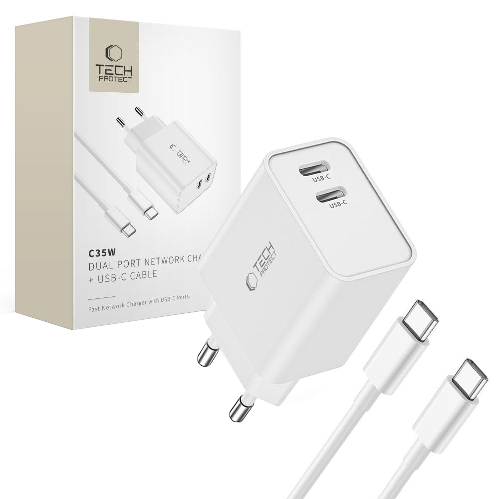 Mrežni punjač sa USB-C kablom Tech-Protect C35W, 35W, 3A, 2 x USB-C, Bela
