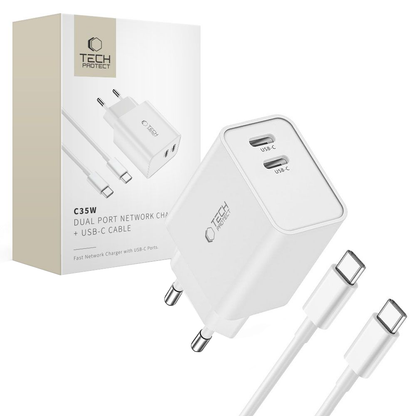 Mrežni punjač sa USB-C kablom Tech-Protect C35W, 35W, 3A, 2 x USB-C, Bela