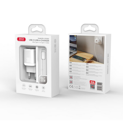 Punjač za mrežu sa USB-C kablom XO Design L151, 30W, 3A, 1 x USB-A - 1 x USB-C, Beli