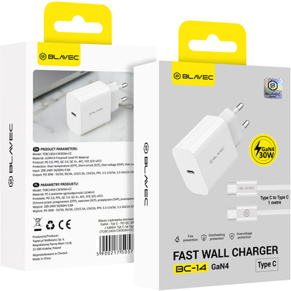 Mrežni punjač sa USB-C kablom Blavec BC-14, 30 W, 3 A, 1 x USB-C, beli