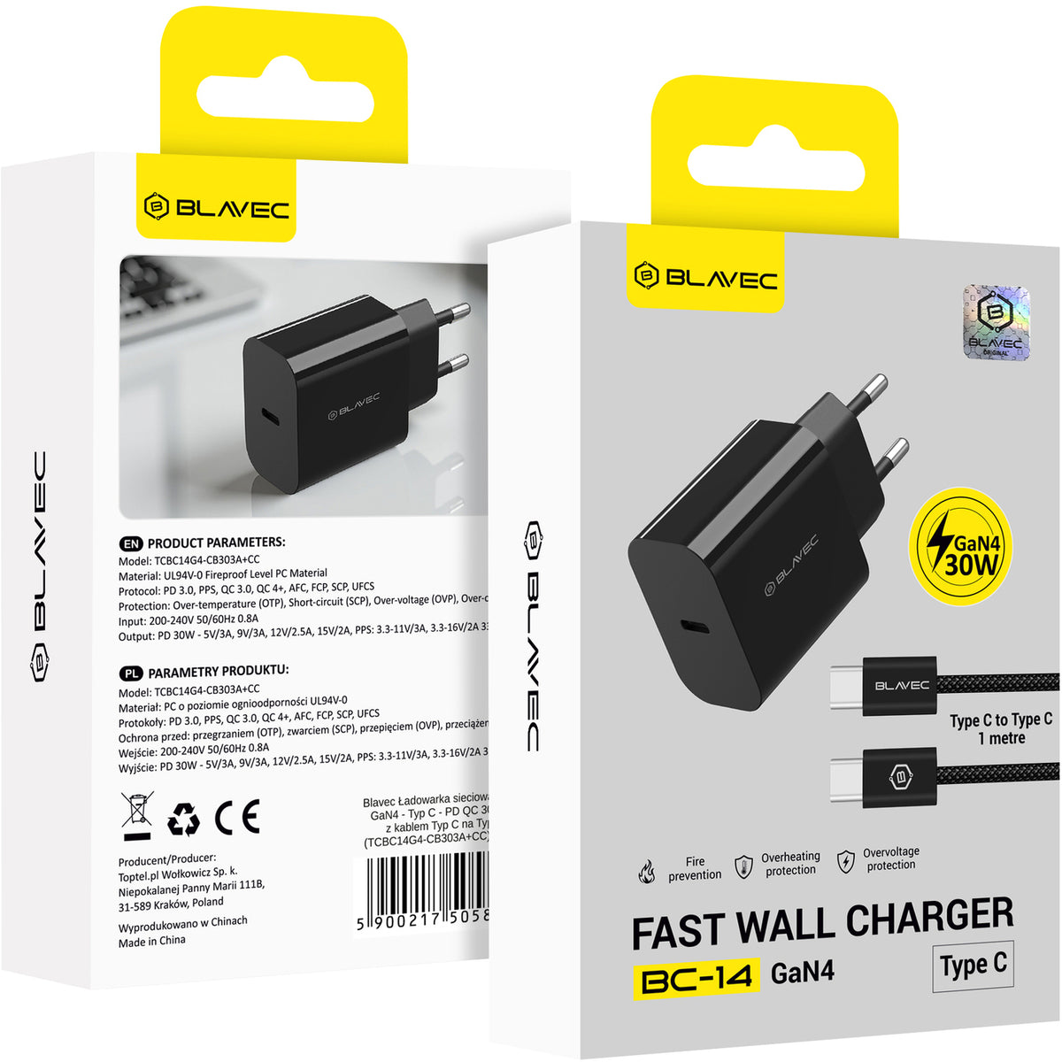 Mrežni punjač sa USB-C kablom Blavec BC-14, 30 W, 3 A, 1 x USB-C, crni