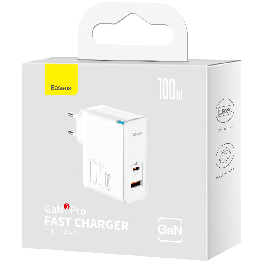 Punjač mreže sa USB-C kablom Baseus GaN5 Pro, 100W, 3A, 1 x USB-A - 1 x USB-C, Beli CCGP090202