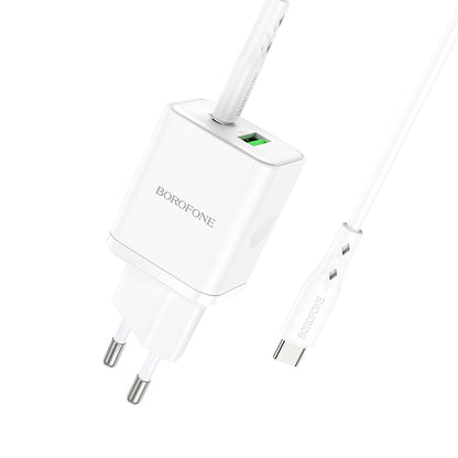 Punjač za mrežu sa USB-C kablom Borofone BN7, 20W, 3A, 1 x USB-A - 1 x USB-C, Beli