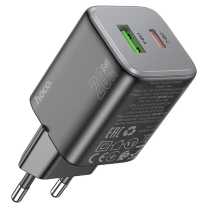 Punjač za mrežu sa Lightning kablom HOCO N41, 20W, 3A, 1 x USB-A - 1 x USB-C, Crni