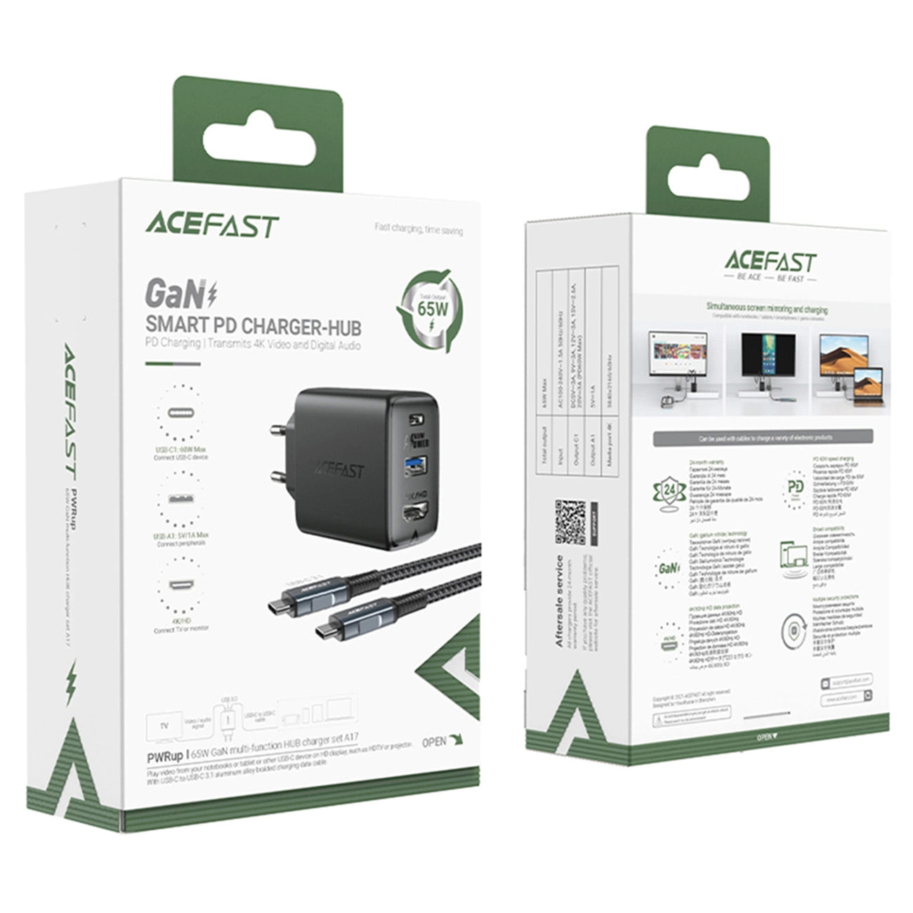 Network Cable Charger Acefast A17 TV Hub, 65W, 3A, 1 x HDMI - 1 x USB-A - 1 x USB-C, Black 
