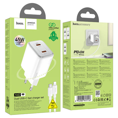 Punjač za mrežu sa Lightning kablom HOCO N42, 45W, 3A, 2 x USB-C, Beli