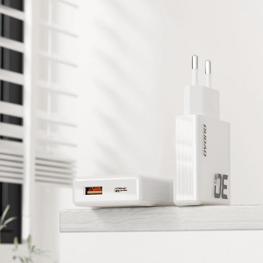 Dudao A30EUL Network Charger with Lightning Cable, 30W, 3A, 1 x USB-A - 1 x USB-C, White 