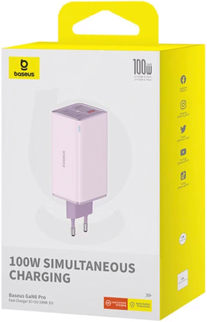 Punjač mreže sa USB-C kablom Baseus GaN6 Pro, 100W, 3.25A, 2 x USB-A - 2 x USB-C, Ljubičasti P10162705532-00