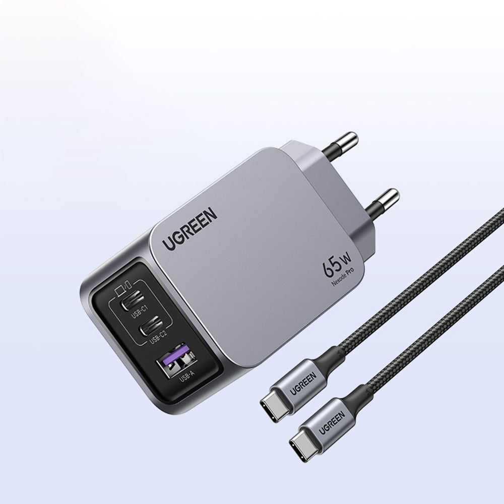 Punjač za mrežu sa USB-C kablom UGREEN X755 Nexode Pro, 65W, 3A, 1 x USB-A - 2 x USB-C, Sivi