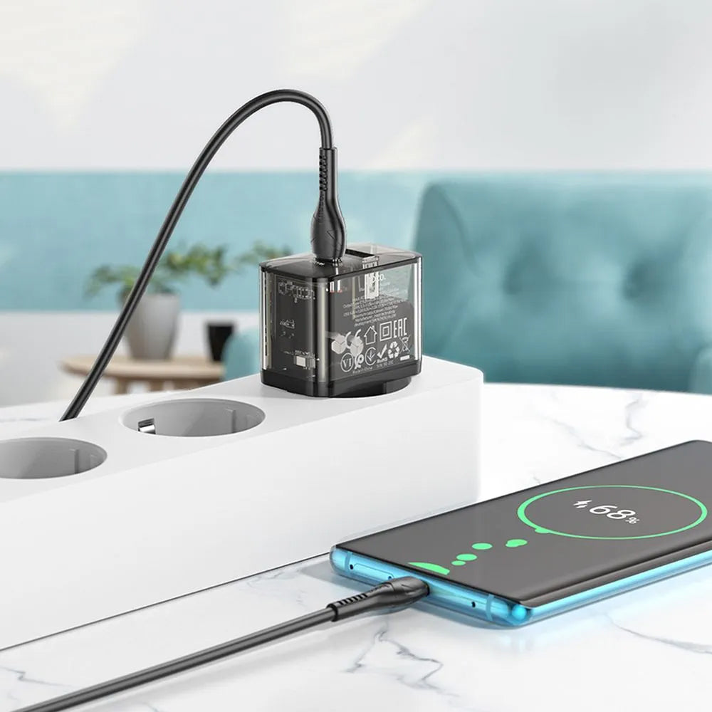 Punjač za mrežu sa USB-C kablom HOCO N34, 20W, 3A, 1 x USB-A - 1 x USB-C, Transparentan